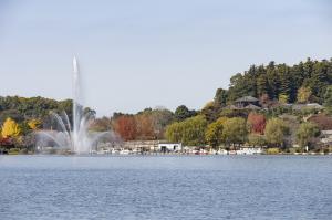 千波湖の噴水のようす
