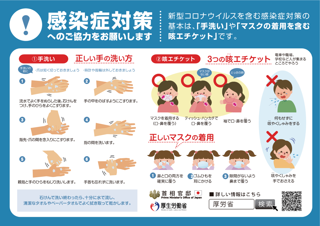 感染症対策の基本は、「手洗い」や「マスクの着用を含む咳エチケット」です。