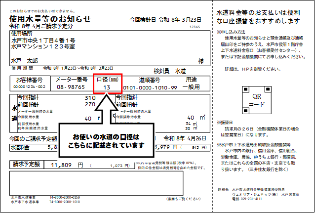 メーターの口径が使用水量のお知らせ（検針票）のどこに記載されているかを表しています。